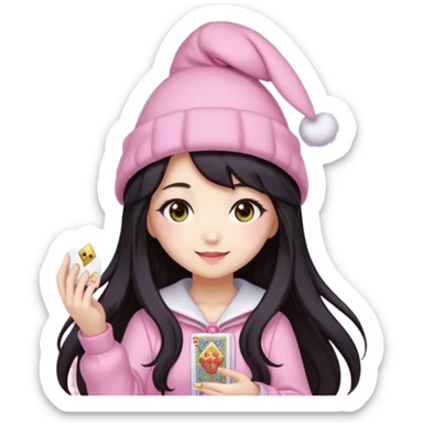 pixel art chibi asian girl with dark long hair in pink bunny hat magical girl with kawaii tarot cards thrown in air pixel emoji sticker