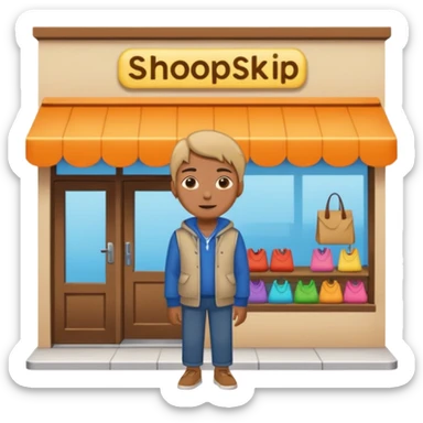 grown  2D line-drawn character + small bright shop sticker