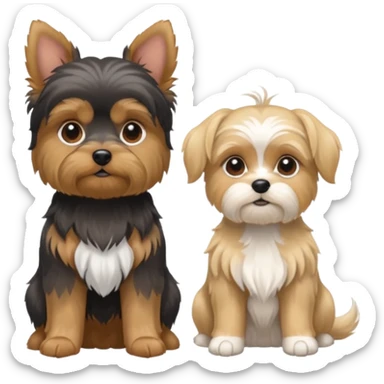 Generate a blue and tan purebred yorkie with a blonde shi tzu yorkie mix with floppy ears sitting next to each kther sticker