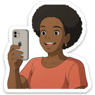 Afro-Caribbean woman smiling, holding iPhone, recording sticker