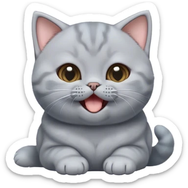 Cinematic Cute Grey British Shorthair kitten Portrait Emoji, Head tilted playfully and yawning, round and plump body with sleek soft grey fur and subtle blue undertones, Simplified yet adorable features, highly detailed, glowing with a warm, friendly glow, high shine, curious yet calm, stylized with a touch of whimsy, bright and endearing, soft glowing outline, capturing the essence of a mischievous yet loving and lazy kitty, so cute it feels like it could stretch out of the screen and cuddle! sticker