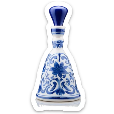 The Clase Azul Tequila bottle is tall and hourglass-shaped, with a wide base that tapers towards the neck. Its white ceramic body is decorated with cobalt blue floral designs, and it’s topped with a gray, bell-shaped stopper that curves inward. sticker
