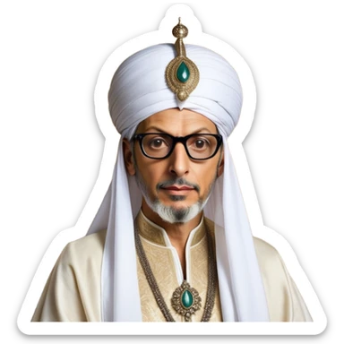 Jeff Goldblum without glasses as a regal portrait dressed as _cinematic-realistic-portrait-of-suleiman-the-magnificent,-depicted-as-a-regal-ottoman-sultan-adorned-with-a-large,-white,-round,-tall-turban-and-a-majestic-grey-beard,-his-commanding-gaze-bathed-in-warm,-historic-lighting-that-exudes-timel sticker
