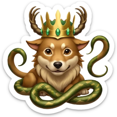 loki god of mischief as a dog. he as snakes. he wears a horned crown dynamic pose sticker