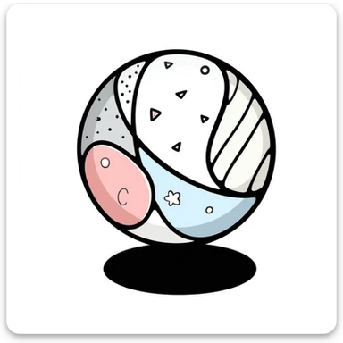 A colorful children's toy ball with patterns in pastel colors (dd9fb0, ffc6d3, a3bfc9, c4bee2, f1b091), hand-drawn doodle style sticker
