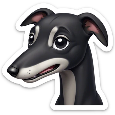 Cinematic Comical Black Greyhound Portrait Emoji, Head tilted dramatically with an exaggeratedly amused expression, featuring a glossy jet-black Fur and wide, expressive dark eyes filled with playful disbelief, Simplified yet hilariously expressive features, highly detailed, glowing with a slightly sassy glow, high shine, dramatic yet playful, stylized with an air of cheeky mischief, bright and endearing, soft glowing outline, capturing the essence of a spirited and over-the-top racer, so meme-worthy it feels like it could side-eye its way into internet fame instantly! sticker