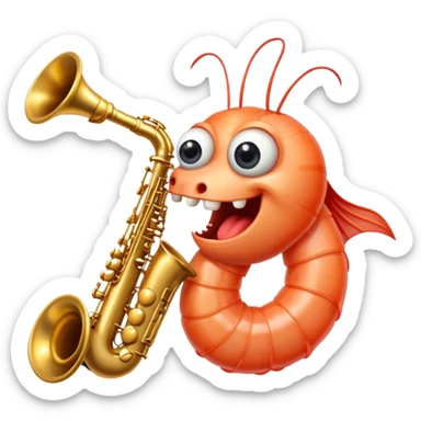 a cooked piece of shrimp with eyes and teeth playing the saxophone  sticker