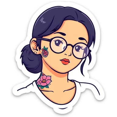 young girl with face tattoos wearing glasses and black hair sticker