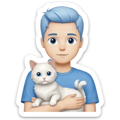 boy wearing blue short sleeve shirt with white ragdoll cat sticker