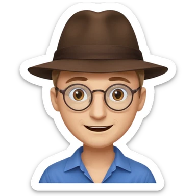 A man with sharp and thin face, brown round glasses, a brown hat and a brown costume with beige chemise  (no blue shirt) (shoulders only), the man has blue eyes and a large smile on his face and menacing eyes. sticker