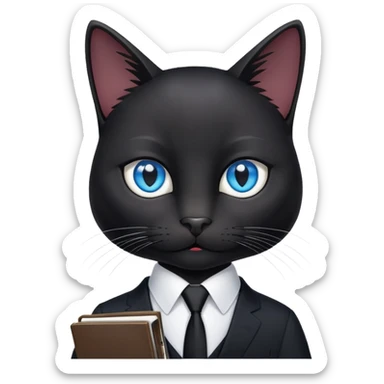 black cat with blue eyes in a black suit with black tie and notebook sticker