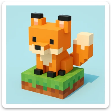 voxel fox inspired by Minecraft, square features, bushy tail, sitting on a grassy block sticker