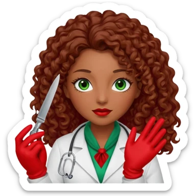Lilith scalpel in hand, evil surgeon sexy surgeon clothes.  She has green  eyes. She brown long curly hair. Wears sexy doctor outfit with red gloves. Outfit is also red. hair is free and brown. Hides face by using a red scarf sticker