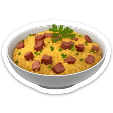 a bowl of Uzbek pilaf with brown pieces of meat on the plate sticker