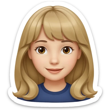 A girl with wavy, dark blonde hair, straight bangs, and straight eyes. She is smiling. sticker