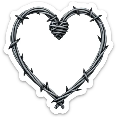 Minimal black line art heart made from barbed wire, hand-drawn sketch look, uneven ink strokes, 6–7 barbs with twisted knots, simple clean outline, centered on plain white background, high contrast sticker