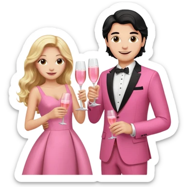 A couple, the woman with blonde long wavy hair and pink dres and the man with a brown suit and black hair celebrating with pink champagne sticker