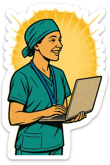 The full body of a modern day surgeon.  The surgeon is female and has an NHS lanyard around her neck.  She is smiling and facing the right. She is also holding a laptop sticker