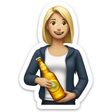 a woman holding a bottle of beer sticker