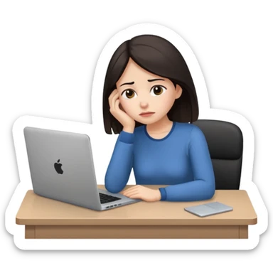  iOS emoji style - An sad and overwhelmed woman sitting at a desk with a laptop - She has dark hair. sticker