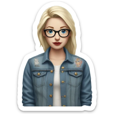 Hyper Realistic pale beautiful tattooed woman with glasses and blue eyes wearing denim jacket sticker