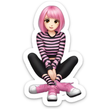 full body Front view emo girl sits on the floor black skirt pink knickers long striped socks sticker