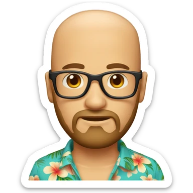 a man with a beard but no hair, wearing round glasses and a Hawaiian shirt sticker
