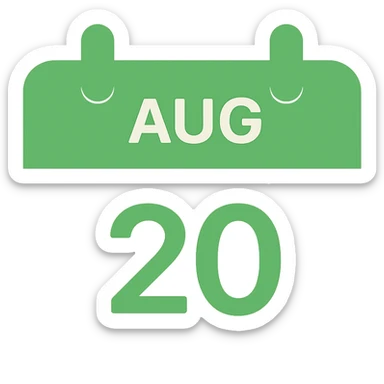 A modern calendar icon with August 20 highlighted in green color, no background, sleek and contemporary design. sticker