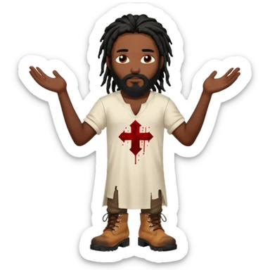 African American man with shoulder length black dreadlocks with black beard wearing a white tunic with blood on it wearing timberland boots with arms folded together sticker