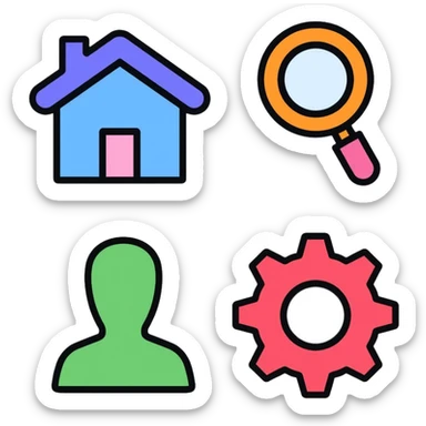 Website icon set with colorful icons: blue home icon, orange magnifying glass search icon, green hamburger menu icon, purple profile/user icon, and red gear settings icon sticker