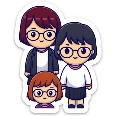 Two korean girls, on the left side she has burgundy short hair and glasses, on the right side girl has long black hair with ginger ends  sticker