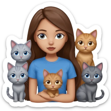 a pretty bratz dusky light skin girl with long brown hair, blue eyes with six cats nd wearing a grey tshirt sticker