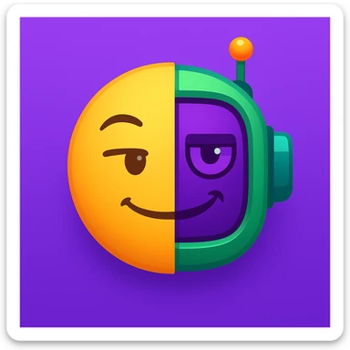 Create a half-emoji, half-robot face with a sarcastic expression, using the purple, green, and orange color scheme from the reference image. The face should look witty and playful, blending emoji and robot features seamlessly. sticker