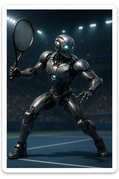 tennis robot, metallic body, holding a tennis racket, dynamic pose, futuristic details sticker