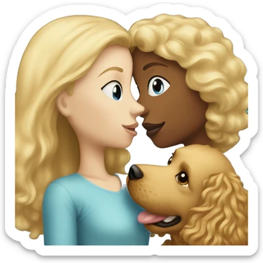 Blonde girl with the blue eyes, kissing a golden doodle sticker