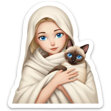 A beautiful and sexy Caucasian girl wrapped in a blanket hugging a Siamese cat sticker