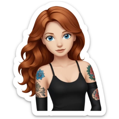 Long wavy Auburn hair woman BLUE eyes wearing black cami and one tattoo sleeve sticker