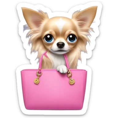 Long haired Chihuahua with blue eyes in a pink handbag  sticker