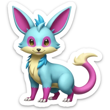 realistic Shiny smooth silky soft Cyan-Yellowish-Magenta Minccino-Zeraora-Emolga-Vernid-Sergal-fusion-hybrid-animal-creature, full body sticker