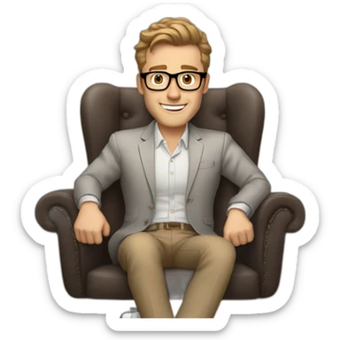 Joyful thrumbs up Pale skinned Fit Man With dark brown hair in gray jacket, beige office shirt, Brown pants and vintage glasses sitting In a soft chair sticker