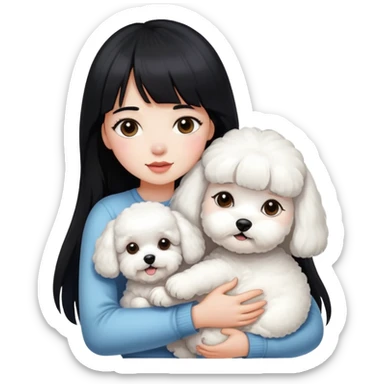 A beautiful girl with long black hair and bangs hugs a little Bichon Frise tightly sticker