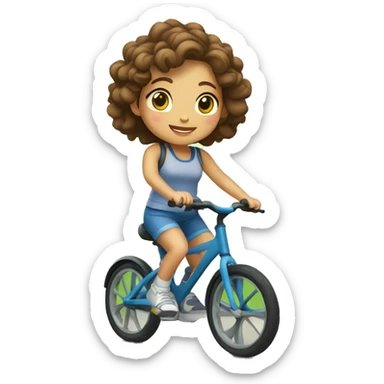 Taiwanese girl with curly brown hair riding bicycle early in the morning with trees in the background sticker