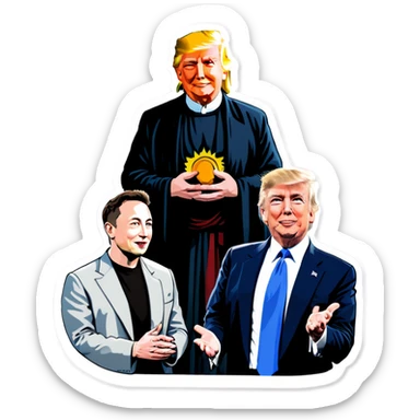 Jesus, Buddha, Elon Musk, Jeff Bezos, and Trump in a meeting sticker