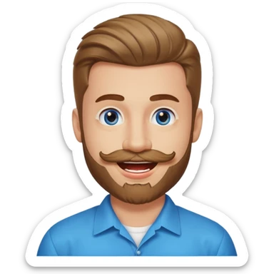 25 year old man, manicured beard, moustache and flavor savor, brown puffy mullet, blue eyes, big smile, white teeth, big lips, pronounced jaw sticker