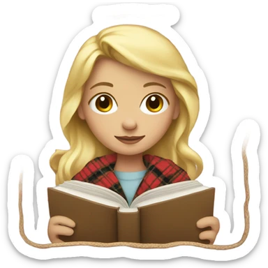Blonde girl wrapped in plaid blanket holding a book sticker
