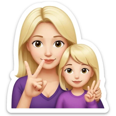 mom and daughter, mom has blonde hair, daughter has dark hair, mom is tired, daughter is joyful and shows the v sign with her fingers sticker