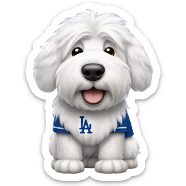 Old English Sheepdog full height wearing a Los Angeles dodgers baseball jersey sticker