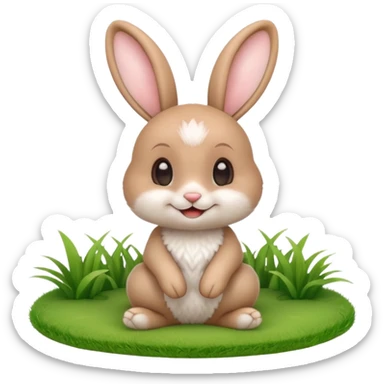 A cute 3D cartoon rabbit sitting on green grass, soft white fur, big ears, round eyes, and a cheerful smile, bright natural lighting, Memoji-style. sticker