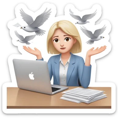 tired woman sitting at a desk with a MacBook, holding her arms out to the side, surrounded by flying papers sticker
