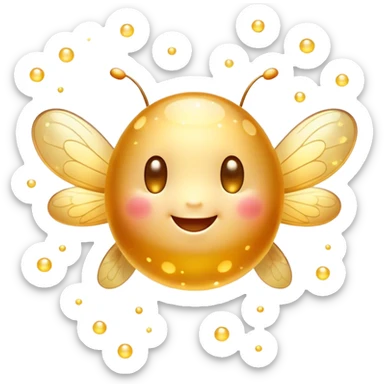 Cinematic tiny glowing firefly, round and chubby, soft golden light, tiny happy face, gentle floating motion, surrounded by dreamy sparkling dots. sticker